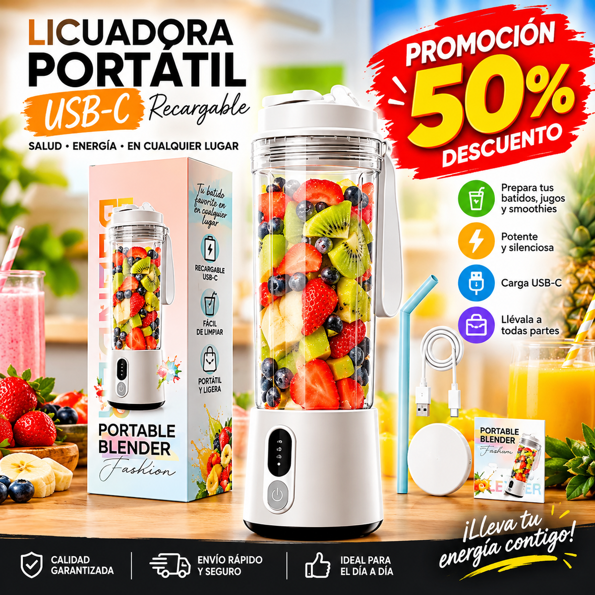 🔥 Licuadora Portátil USB-C Recargable 500ml con Pantalla Digital